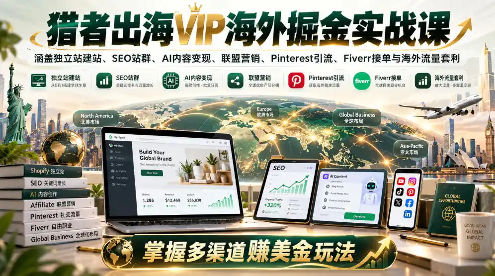 猎者出海VIP海外掘金实战课：涵盖独立站、SEO站群、AI变现、联盟营销、Pinterest引流、Fiverr接单与海外流量套利，掌握多渠道賺美金玩法-资源联盟