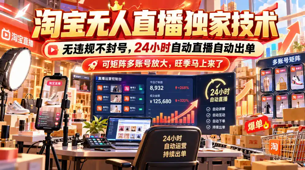 淘宝无人直播独家技术，无违规不封号，24小时自动直播自动出单，可矩阵多账号放大，旺季马上来了【揭秘】-资源联盟