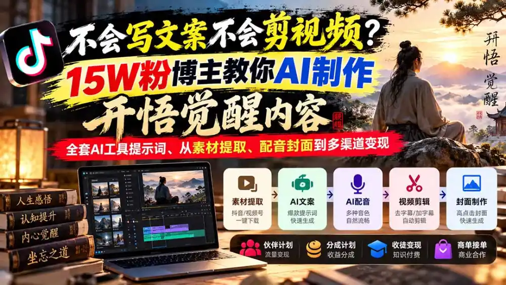 不会写文案不会剪视频？15W粉博主教你AI制作开悟觉醒内容，全套AI工具提示词、从素材提取、配音封面到多渠道变现-资源联盟