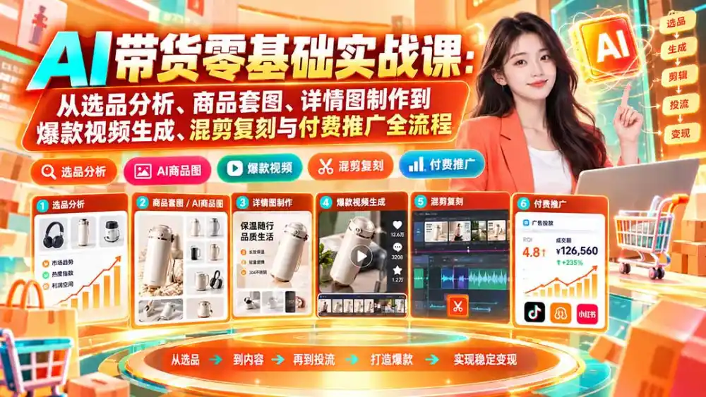 AI带货零基础实战课：从选品分析、商品套图、详情图制作到爆款视频生成、混剪复刻与付费推广全流程-资源联盟