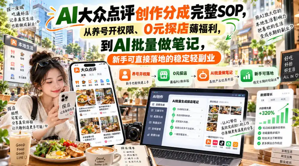 【无水印】AI大众点评创作分成完整SOP，从养号开权限、0元探店薅福利，到AI批量做笔记，新手可直接落地的稳定轻副业-资源联盟