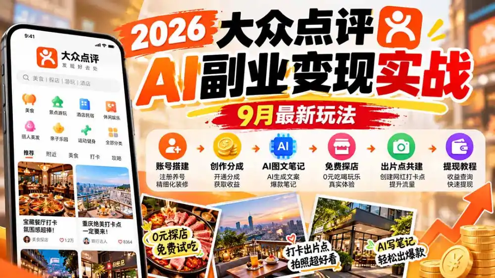 2026大众点评AI副业变现实战9月最新玩法：账号搭建+创作分成+AI图文笔记+免费探店+出片点共建与提现教程-资源联盟