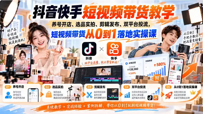 抖音快手短视频带货教学｜养号开店、选品实拍、剪辑发布、双平台投流，短视频带货从0到1落地实操课-资源联盟