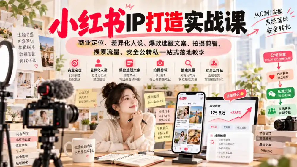 小红书ip打造实战课，商业定位、差异化人设、爆款选题文案、拍摄剪辑、搜索流量、安全公转私一站式落地教学-资源联盟