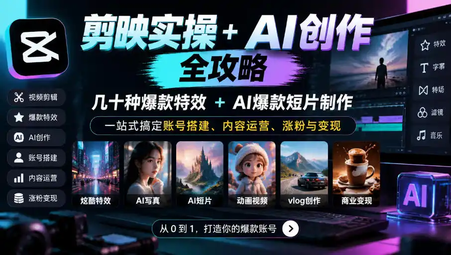 剪映实操+AI创作全攻略｜几十种爆款特效+AI爆款短片制作，一站式搞定账号搭建、内容运营、涨粉与变现-资源联盟