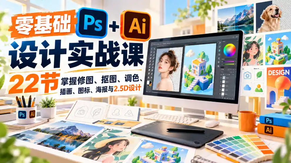 【无水印】零基础PS+AI设计实战课｜22节掌握修图、抠图、调色、插画、图标、海报与2.5D设计-资源联盟