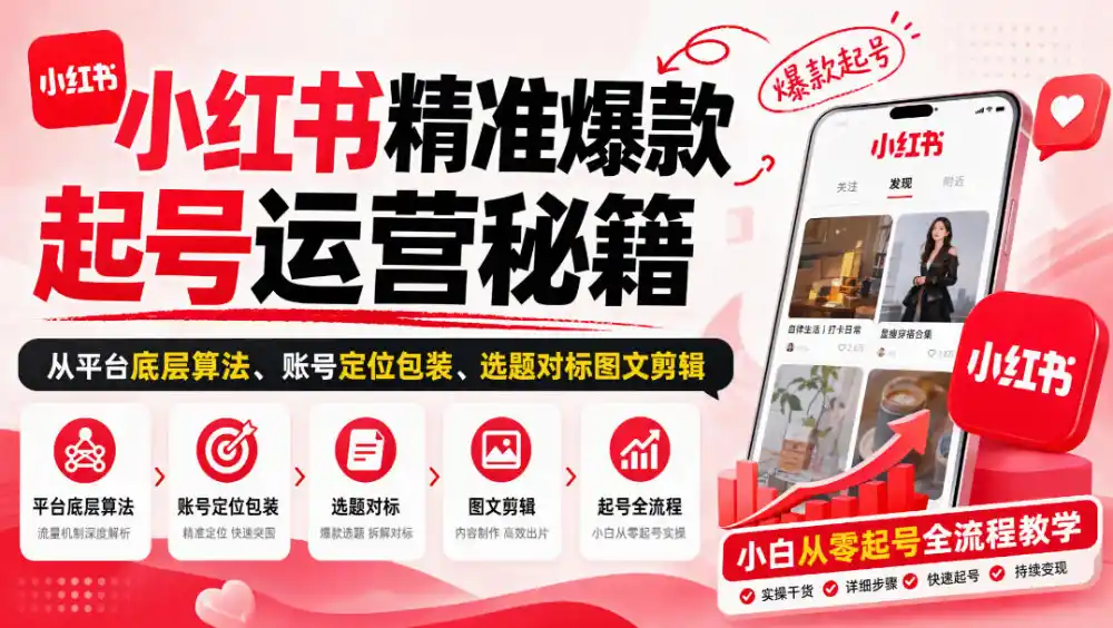 小红书精准爆款起号运营秘籍，从平台底层算法、账号定位包装、选题对标图文剪辑，小白从零起号全流程-资源联盟