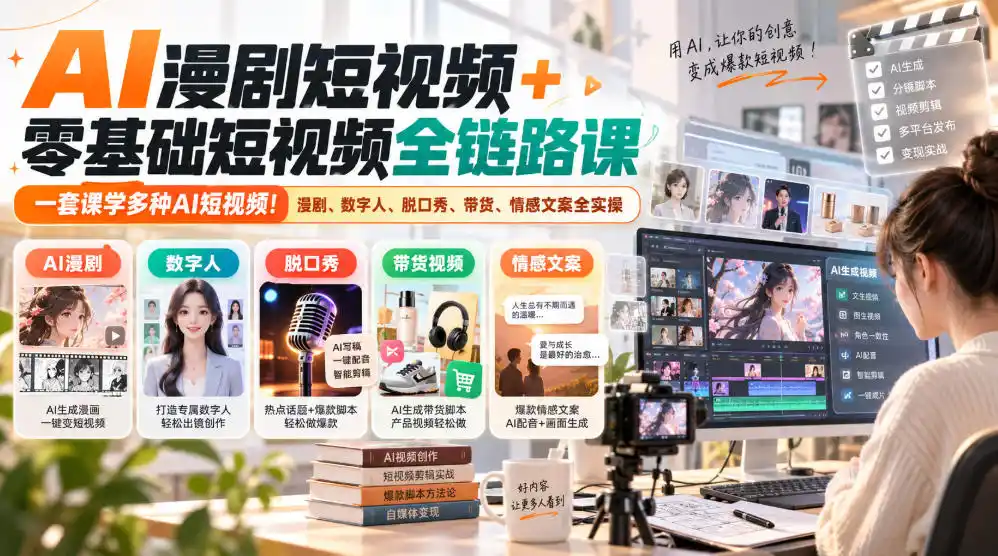 AI漫剧短视频+零基础短视频全链路课，一套课学多种AI短视频！漫剧、数字人、脱口秀、带货、情感文案全实操-资源联盟