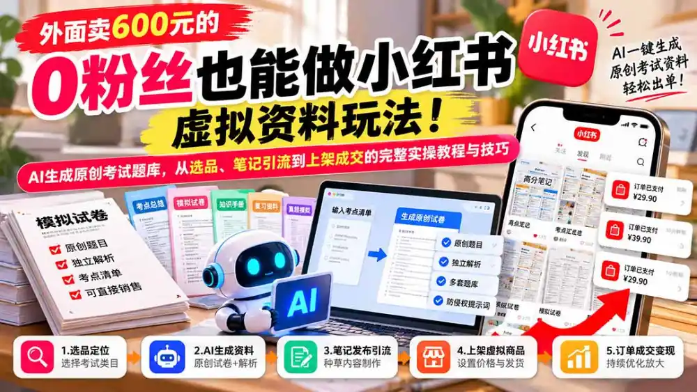 外面卖600元的 零粉丝也能做小红书虚拟资料玩法！AI生成原创考试题库，从选品、笔记引流到上架成交的完整实操教程-资源联盟