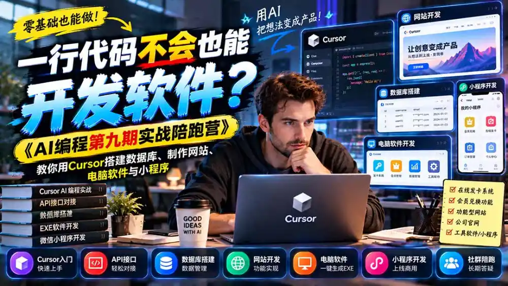 一行代码不会也能开发软件？《AI编程第九期实战陪跑营》教你用Cursor搭建数据库、制作网站、电脑软件与小程序-资源联盟