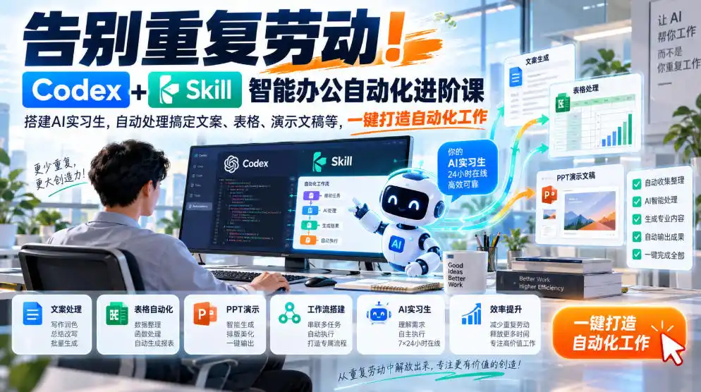 告别重复劳动！Codex+Skill智能办公自动化进阶课｜搭建AI实习生，自动处理搞定文案、表格、演示文稿等，一键打造自动化工作-资源联盟