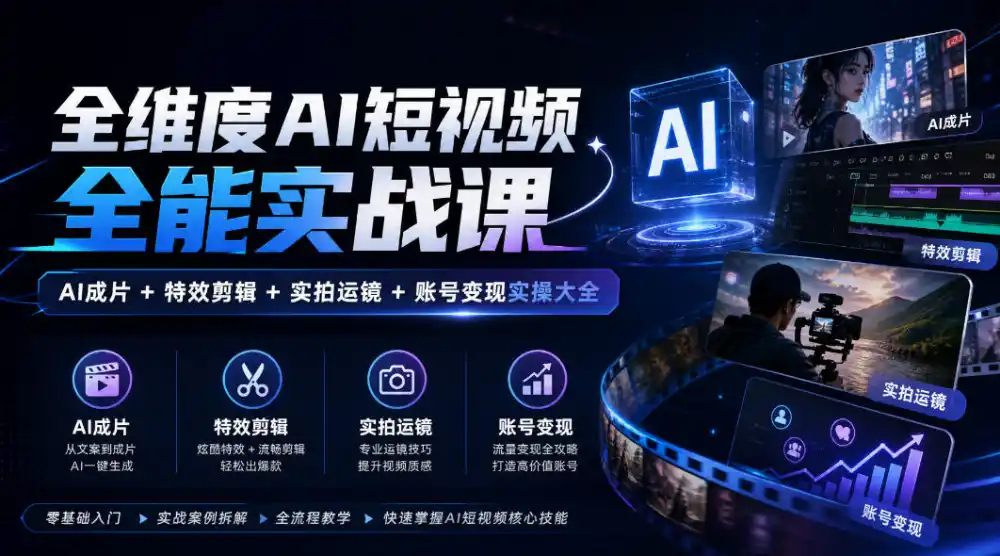 全维度AI短视频全能实战课，AI成片+特效剪辑+实拍运镜+账号变现实操大全-资源联盟