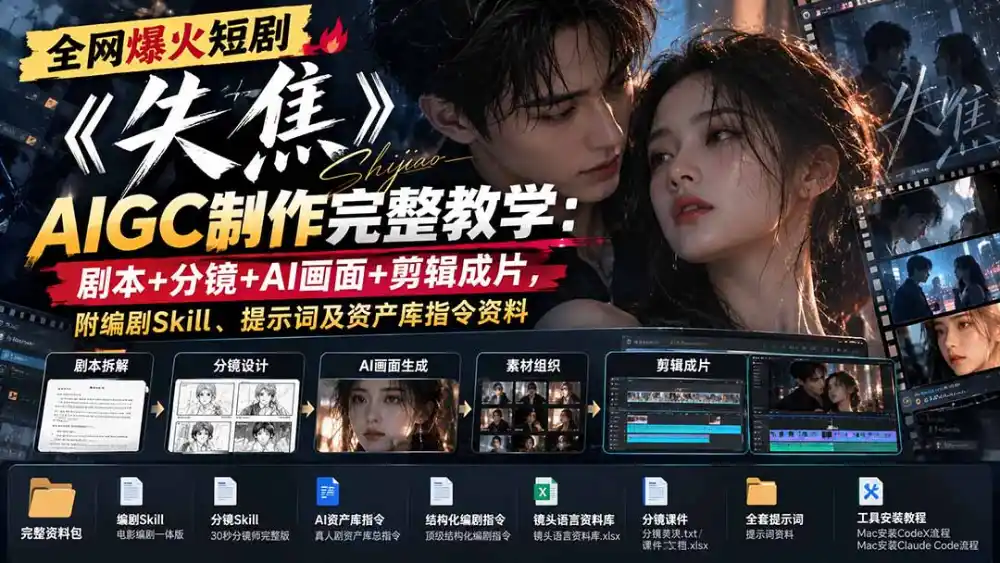 全网爆火短剧《失焦》AIGC制作完整教学：剧本+分镜+AI画面+剪辑成片，附编剧Skill、提示词及资产库指令资料-资源联盟