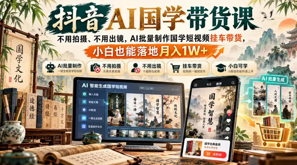 抖音AI国学带货课,不用拍摄、不用出镜,AI批量制作国学短视频挂车带货,小白也能落地月入1W+