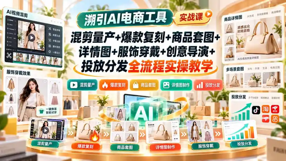 溯引AI电商工具实战课：混剪量产+爆款复刻+商品套图+详情图+服饰穿戴+创意导演+投放分发全流程实操教学-资源联盟