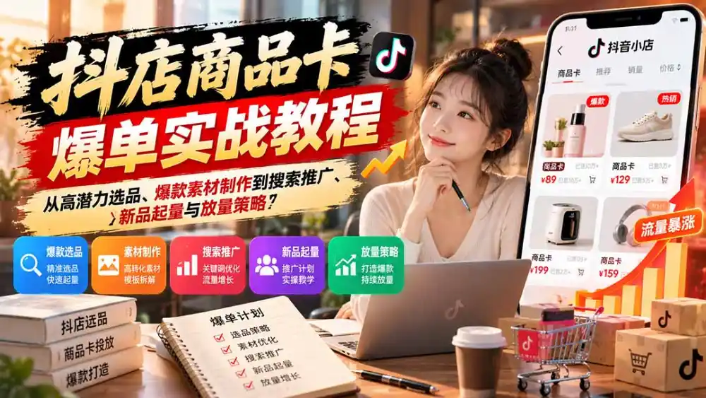 抖店商品卡爆单实战教程：从高潜力选品、爆款素材制作到搜索推广、新品起量与放量策略-资源联盟