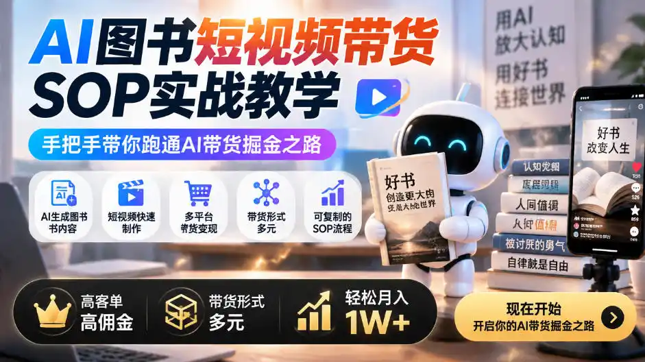 AI图书短视频带货SOP实战教学，手把手带你跑通AI带货掘金之路，高客单高佣金，带货形式多元，轻松月入1W+-资源联盟