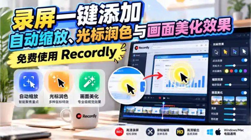 录屏一键添加自动缩放、光标润色与画面美化效果，免费使用Recordly-资源联盟