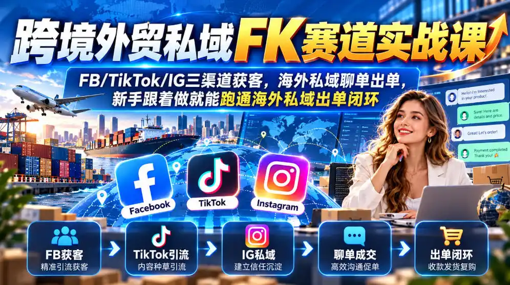 跨境外贸私域FK赛道实战课｜FB/TikTok/IG三渠道获客，海外私域聊单出单，新手跟着做就能跑通海外私域出单闭环-资源联盟