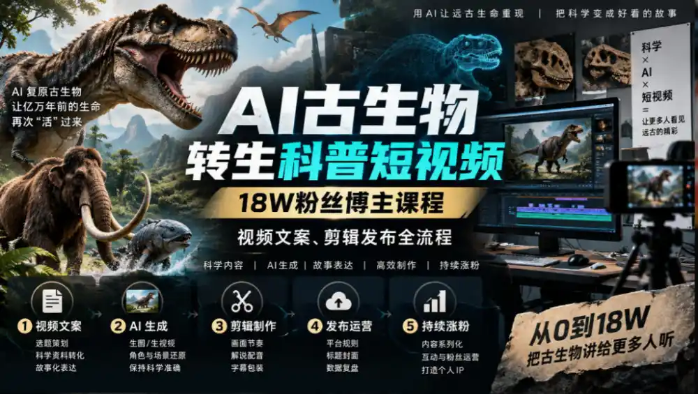 AI古生物转生科普短视频，18W粉丝博主课程，视频文案、剪辑发布全流程-资源联盟